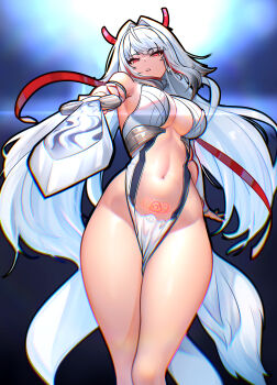 1girl absurdres adapted_costume animal_ears black_hair breasts clothing_cutout commentary_request fox_ears fox_girl fox_tail gradient_hair groin hair_ribbon highres holding holding_sword holding_weapon large_breasts long_hair looking_down multicolored_hair navel nicchi parted_lips pelvic_curtain pointing pointing_at_viewer pubic_tattoo red_eyes ribbon sword tail tattoo thighs underboob very_long_hair weapon white_hair ye_shunguang zenless_zone_zero