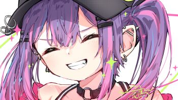 Rule 34 | 1girl, absurdres, black choker, black hat, blue streaks, choker, closed eyes, closed mouth, commentary, ear piercing, fang, hair ornament, hairpin, hat, highres, hololive, long hair, multicolored hair, o-ring, o-ring choker, piercing, pink streaks, pointy ears, purple hair, smile, solo, streaked hair, tokoyami towa, tokoyami towa (1st costume), twintails, u da desu, very long hair, virtual youtuber