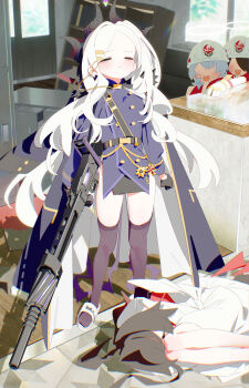 4girls absurdres black_hair black_horns blue_archive bm_tol buttons closed_eyes commentary demon_girl demon_horns demon_wings double-breasted fetal_position gloves gun hair_ornament hairclip halo highres hina_(blue_archive) holding holding_gun holding_weapon horns jacket kasumi_(blue_archive) long_hair lying multiple_girls on_floor on_side parallel_hairclips parted_bangs purple_jacket purple_thighhighs purple_wings red_tail slippers standing thighhighs weapon white_hair wings