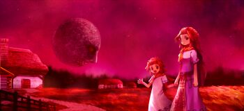 2girls arms_at_sides backlighting belt breasts child clenched_teeth cremia dress female_focus fence flat_chest full_moon grass hair_intakes hands_up happy holding_hands house long_hair looking_at_viewer moon moon_(zelda) multiple_girls neckerchief night nintendo open_mouth outdoors path red_hair red_theme ribero road romani_(zelda) short_sleeves siblings sidelocks sisters small_breasts smile star_(sky) tabard teeth the_legend_of_zelda the_legend_of_zelda:_majora's_mask waving white_dress yellow_neckerchief