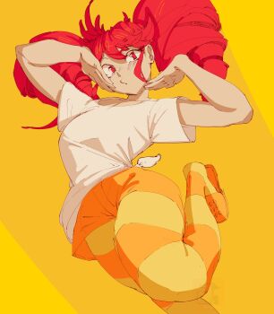 1girl absurdres birdbrain_(synthesizer_v) crocs drill_hair foot_out_of_frame highres joey_comma kasane_teto kasane_teto_(sv) leg_up looking_at_viewer pantyhose red_eyes red_hair sandals shadow shirt short_sleeves shorts solo striped_clothes striped_pantyhose synthesizer_v t-shirt tied_shirt twin_drills white_shirt yellow_background yellow_pantyhose yellow_sandals yellow_shorts