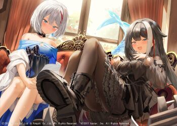 2girls admiral_graf_spee_(azur_lane) azur_lane bare_shoulders black_bow black_choker black_dress black_footwear black_hair black_pantyhose blue_dress bob_cut boots bow breasts choker cleavage couch curtains deutschland_(azur_lane) dress dress_bow frilled_dress frills grey_hair hair_between_eyes highres indoors long_sleeves medium_breasts multicolored_hair multiple_boys multiple_girls official_art on_couch open_mouth pantyhose parted_bangs red_hair short_hair sidelocks sitting smile streaked_hair white_hair window y_o_u_k_a
