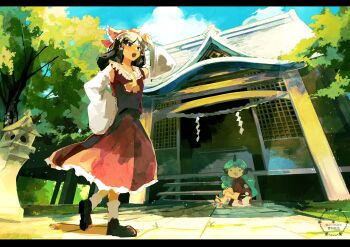 2girls ascot bare_shoulders black_eyes black_hair black_shoes blue_sky bow box cloud detached_sleeves donation_box green_hair hair_tubes hakurei_reimu hand_on_own_head hand_on_own_hip highres horns hugging_own_legs komainu_ears komainu_girl komano_aunn long_hair looking_to_the_side multiple_girls outdoors red_bow red_shirt red_shorts red_skirt sandals shirt shoes shorts shrine single_horn sitting skirt sky sleeveless sleeveless_shirt socks stone_lantern tongue tongue_out touhou tree twitter_username two-tone_shirt two-tone_shorts uninosono watermark white_shirt white_shorts white_socks yellow_ascot