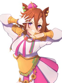 1girl animal_ears armor blush breasts ceo_of_disgrace corset crown ear_ornament ear_piercing gloves gold gold_corset grin hair_between_eyes highres horse_ears horse_girl jewelry long_sleeves looking_at_viewer medium_breasts mini_crown multiple_rings no_tail open_mouth orange_hair piercing pink_crown pink_skirt purple_eyes ribbon ring shirt short_hair shoulder_armor simple_background single_glove skirt smile solo t.m._opera_o_(o_sole_suo!)_(umamusume) t.m._opera_o_(umamusume) teeth two-tone_skirt umamusume upper_body white_background white_gloves white_skirt