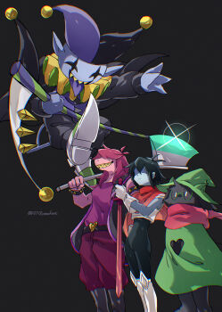 1girl 1other 2boys absurdres androgynous armor axe black_background black_bodysuit black_footwear black_hair blue_skin bodysuit bodysuit_under_clothes boots bracelet breastplate cape clown clown_boy colored_skin colored_teeth covered_eyes deltarune dress elbow_gloves feet_out_of_frame from_side furry furry_female furry_male glasses glint gloves greaves green-framed_eyewear green_dress green_headwear grin hat highres holding holding_axe holding_scythe holding_sword holding_weapon jester jester_boy jester_cap jevil jewelry knee_boots kris_(dark_world)_(deltarune) kris_(deltarune) medium_hair multiple_boys neck_ruff no_mouth over_shoulder pants pink_scarf pink_skin pointy_ears pointy_shoes purple_hair purple_pants purple_shirt purple_skin ralsei ralsei_(hat) red_cape round_eyewear scarf scythe shaded_face sharp_teeth shirt shoes short_hair signature simple_background smile sonokare spiked_bracelet spikes standing susie_(dark_world)_(deltarune) susie_(deltarune) sword teeth tongue tongue_out twitter_username utdr_(toby_fox) weapon weapon_over_shoulder white_footwear white_gloves witch_hat yellow_teeth |_|