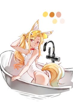 1girl absurdres animal_ear_fluff animal_ears ass bathtub blonde_hair blue_archive breasts chuanhai clothing_cutout color_guide commentary_request cross_halo diamond_cutout fox_ears fox_girl fox_tail halo highleg highleg_one-piece_swimsuit highres long_hair official_alternate_costume official_alternate_hairstyle one-piece_swimsuit orange_eyes riding seia_(blue_archive) seia_(swimsuit)_(blue_archive) side_ponytail small_breasts solo swimsuit tail visor_cap white_one-piece_swimsuit yellow_halo yellow_visor