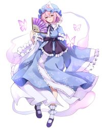 Rule 34 | 1girl, blue kimono, breasts, bug, butterfly, commentary, folding fan, frilled kimono, frills, hand fan, hat, highres, hitodama, holding, holding fan, hyurasan, insect, japanese clothes, kimono, light blush, long sleeves, looking at viewer, mary janes, medium hair, mob cap, open mouth, pink butterfly, pink eyes, pink hair, saigyouji yuyuko, shoes, sleeve garter, smile, solo, touhou, triangular headpiece, wide sleeves