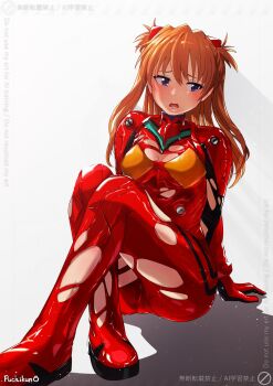 1girl ass blue_eyes bodysuit breasts brown_hair curvy embarrassed floating_hair full_body highres long_hair looking_at_viewer mecha_pilot_suit neon_genesis_evangelion open_mouth plugsuit_(evangelion) puchikun red_bodysuit shiny_clothes shiny_skin simple_background sitting solo souryuu_asuka_langley torn_bodysuit torn_clothes very_long_hair wide_hips