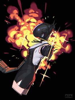 1girl apron artist_name black_apron black_background black_gloves black_shorts black_thighhighs bomb bomb_devil_(chainsaw_man) chainsaw_man commentary cowboy_shot english_commentary explosion explosive from_side gloves highres pepedraws reze_(chainsaw_man) shirt shorts sleeveless sleeveless_shirt solo teeth thighhighs white_shirt
