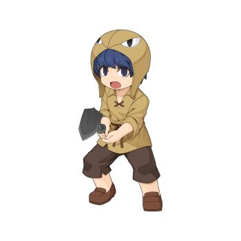 1boy blue_eyes blue_hair brown_headscarf brown_shirt brown_shoes brown_shorts chibi chibi_only collared_shirt full_body headscarf hoe holding_hoe loafers long_sleeves looking_at_viewer male_focus official_art open_mouth ragnarok_online shirt shoes short_hair shorts simple_background solo transparent_background yorker_worker yuichirou