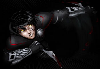 1boy batman_(series) bird black_hair blood bodysuit dc_comics dick_grayson dual_wielding gloves holding knife male_focus owl solo talon vambraces weapon yellow_eyes