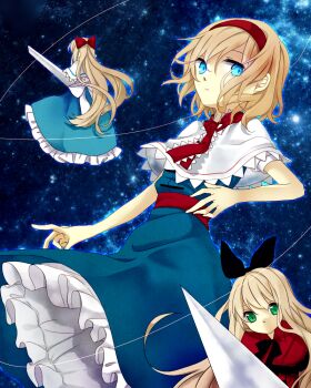 Rule 34 | 1girl, alice margatroid, blonde hair, blue dress, blue eyes, capelet, closed mouth, commentary request, dress, frilled dress, frills, hairband, holding, holding polearm, holding weapon, hourai doll, lance, night, polearm, puppet strings, red hairband, shanghai doll, sky, solo, star (sky), starry sky, touhou, tsuno no hito, weapon, white capelet