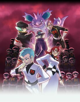 6+boys 6+girls adjusting_clothes adjusting_headwear archer_(pokemon) ariana_(pokemon) black_headwear blue_hair bob_cut boots breasts clothes_writing earrings gen_1_pokemon giovanni_(pokemon) giovanni_(sygna_suit)_(pokemon) gloves green_hair hand_on_own_hip hat highres jewelry long_hair multiple_boys multiple_girls nidoking nintendo non-web_source official_alternate_costume official_art petrel_(pokemon) pink_hair pokemon pokemon_hgss pokemon_masters_ex proton_(pokemon) purple_hair red_hair short_hair team_rocket team_rocket_grunt team_rocket_uniform