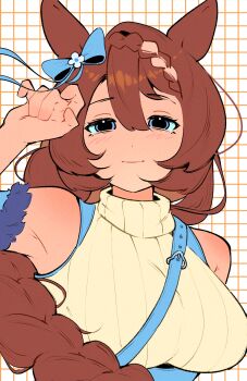 1girl animal_ears arm_up bare_shoulders bea_lenoir blue_bow blue_dress blue_eyes bow braid braided_ponytail breasts brown_hair closed_mouth commentary dress ear_bow grid_background hair_between_eyes highres horse_ears horse_girl large_breasts layered_dress long_hair prototype_design smile solo super_creek_(murmuring_stream)_(umamusume) super_creek_(umamusume) umamusume upper_body white_dress