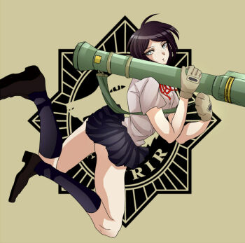 1girl ahoge ass black_footwear black_hair black_skirt blue_eyes kneehighs danganronpa:_trigger_happy_havoc danganronpa_(series) eyebrows eyelashes female_focus freckles full_body holding holding_rocket_launcher holding_weapon ikusaba_mukuro logo looking_back neck_ribbon open_mouth pleated_skirt red_ribbon ribbon rocket_launcher rpg_(weapon) shirt short_sleeves simple_background skirt solo weapon white_shirt wolf