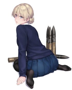 1girl ammunition ass black_pantyhose blonde_hair blue_eyes blue_skirt braid collar collared_shirt commentary_request darjeeling_(girls_und_panzer) feet female_focus from_behind full_body girls_und_panzer hair_between_eyes highres long_sleeves looking_at_viewer looking_back military open_mouth pantyhose rokuwata_tomoe school_uniform shadow shells shirt short_hair simple_background sitting skirt soles solo st._gloriana's_school_uniform tank_shell toes wariza white_background white_shirt