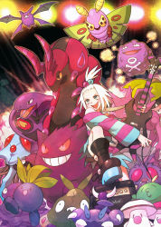 1girl amplifier arbok bad_id bad_pixiv_id bare_shoulders bass_guitar boots colored_sclera crobat dress dustox foongus gen_1_pokemon gen_2_pokemon gen_3_pokemon gen_4_pokemon gen_5_pokemon gengar green_eyes grimer gulpin gym_leader hair_bobbles hair_ornament instrument koffing nidoking nintendo oddish pokemon pokemon_(creature) red_eyes roxie_(pokemon) scolipede skorupi stage_lights striped_clothes striped_dress tentacruel topknot trubbish tyaahan venonat victreebel white_hair yellow_sclera