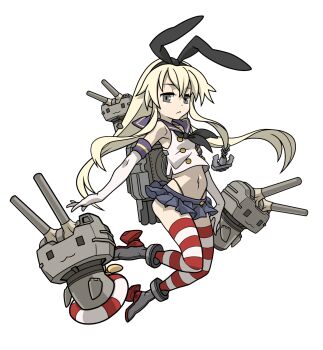 Rule 34 | 1girl, :<, :3, anchor, anchor hair ornament, black footwear, black hairband, black panties, blonde hair, blue skirt, brown eyes, buoy, closed mouth, crop top, elbow gloves, full body, gloves, hair ornament, hairband, highleg, highleg panties, highres, kantai collection, lifebuoy, long hair, looking at viewer, miniskirt, multicolored legwear, navel, omeyokan, panties, red thighhighs, rensouhou-chan, rensouhou-kun, school uniform, serafuku, shimakaze (kancolle), simple background, skirt, solo, striped clothes, striped thighhighs, swim ring, thighhighs, underwear, white background, white gloves, white thighhighs