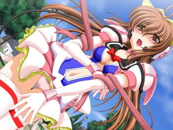 1girl 2000s_(style) :o blush breasts brown_eyes brown_hair cleavage day elbow_gloves game_asset gloves grabbed_by_tentacles headphones long_hair magical_girl mahou_senshi_(series) mahou_senshi_symphonic_knights medium_breasts navel non-web_source official_art open_mouth outdoors panties pantyshot pink_panties saitou_natsuki self-datamine skirt solo symphonic_lily tentacles thigh_gap thighhighs underwear upskirt variant_set visual_novel_cg yurise_ririna
