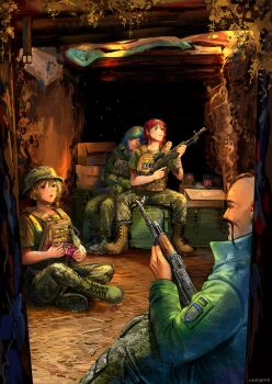 Rule 34 | 2024, 2boys, 2girls, absurdres, akm, an-94, androgynous, assault rifle, azov battalion, bulletproof vest, can, canned fish, canned food, canned tuna, combat uniform, cossack (polish anon), field ration, fish (food), gun, head on another's shoulder, highres, holding, holding gun, holding weapon, international legion of ukraine, kalashnikov rifle, kenneth del duca, kraken (japanon), kraken regiment, long hair, marichka, military, military combat uniform, military uniform, multiple boys, multiple girls, original, oseledets, red hair, rifle, russo-ukrainian war, sich battalion, tin (container), trap, trench, trigger discipline, tuna, ukraine, ukrainian flag, ukrainian text, usergore, weapon