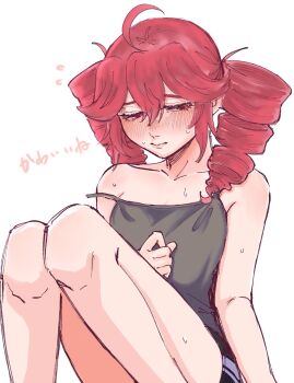 blush drill_hair highres kasane_teto knees_up looking_down red_eyes red_hair shorts sweat twin_drills utau wanwan_nemu white_background