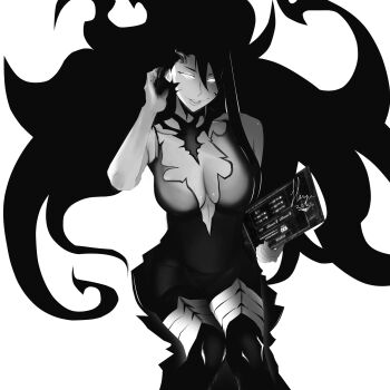 1girl absurdres black_dress black_hair dress female_focus greyscale hand_up highres horn long_hair looking_at_viewer monochrome open_mouth querehsha simple_background sitting smile solo solo_leveling very_long_hair white_background