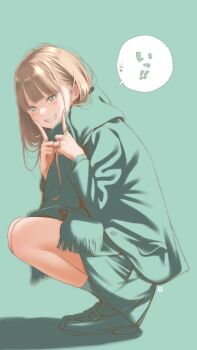 1girl blush brown_hair coat commentary_request fingers_to_cheeks full_body green_background green_eyes highres key_(kagibangou) long_hair looking_at_viewer original skirt smile solo squatting