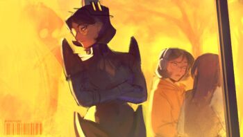 Rule 34 | 1000xresist, 3girls, against glass, allmother (1000xresist), barcode, black bodysuit, black hair, bodysuit, commentary, crossed arms, dead finch, dual persona, english commentary, hair ornament, highres, hood, hoodie, iris kwan, jiao (1000xresist), multiple girls, reflection, short hair, spoilers, yellow eyes, yellow hoodie, yellow light