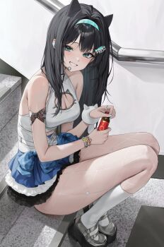1girl absurdres aqua_hairband aqua_headband black_hair blue_headband blue_skirt blush bottle breasts cat_ear-shaped_hair cat_ornament cleavage cleavage_cutout clothing_cutout commentary_request fish_hair_ornament fishnet_pantyhose fishnets goddess_of_victory:_nikke grin hair_intakes hair_ornament hairband headband headset highres holding holding_bottle idol jewelry large_breasts long_hair looking_at_viewer mint_(nikke) mokew open_mouth pantyhose shirt shoes sitting sitting_on_stairs skirt sleeveless smile socks solo stairs white_socks