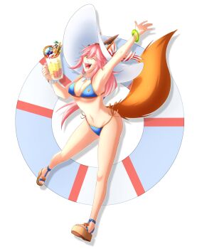 1girl animal_ears arms_up bikini bracelet cocktail cup fate/grand_order fate_(series) fox_ears fox_girl fox_tail full_body hiffuu highres holding holding_cup jewelry lifebuoy navel one_eye_closed orange_eyes pink_hair platform_sandals sandals string_bikini swim_ring swimsuit tail tamamo_(fate) tamamo_no_mae_(fate) transparent_background