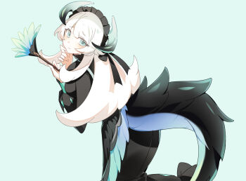 1girl 3_ma_me black_dress black_tail black_wings blonde_hair breasts chamber_dragonmaid dragon_girl dragon_horns dragon_tail dragon_wings dress duel_monster duster feather_duster green_background green_eyes holding holding_duster horns large_breasts long_hair low_wings simple_background solo tail wings yu-gi-oh!