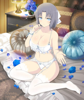 1girl :&lt; artist_request bare_shoulders bed bed_sheet blue_eyes blue_flower blue_petals blue_pillow blue_rose blush bow bow_bra bow_panties bra breasts bridal_lingerie cleavage collarbone come_hither crotch_seam desk_lamp flower frilled_bra frills full_body garter_belt garter_straps grey_hair hair_bow indoors lace lace-trimmed_thighhighs lace_trim lamp lampshade large_breasts leaf lens_flare lingerie looking_at_viewer navel nightstand official_art on_bed panties pillow plant potted_plant reaching reaching_towards_viewer rose senran_kagura senran_kagura_new_wave senran_kagura_shinovi_versus short_hair sitting solo sparkle striped_bow thighhighs underwear underwear_only white_bow white_garter_belt white_garter_straps white_thighhighs white_wrist_cuffs wrist_cuffs yumi_(senran_kagura)
