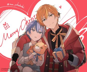 aoyagi_touya child closed_mouth gift gloves green_eyes grey_eyes heart holding holding_gift holding_stuffed_toy long_sleeves looking_at_another looking_at_viewer mole mole_under_eye multicolored_hair open_mouth orange_hair project_sekai red_background shinonome_akito smile stuffed_animal stuffed_toy sua_yohukashi watermark