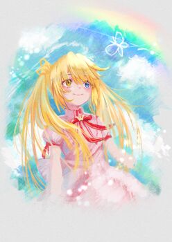 1girl absurdres arms_at_sides blonde_hair blue_eyes blue_sky blush border closed_mouth commentary cowboy_shot crown day dress eyelashes eyes_visible_through_hair fading_border floating_hair hair_between_eyes happy heterochromia highres ikumi_(1_9_3) juliet_sleeves kazamatsuri_institute_high_school_uniform light_particles long_hair long_sleeves looking_up mini_crown nakatsu_shizuru neck_ribbon outdoors pastel_colors pink_dress puffy_sleeves rainbow red_ribbon rewrite ribbon sanpaku school_uniform sidelocks sky smile solo split_mouth straight_hair twintails twintails_with_hair_base very_long_hair yellow_eyes