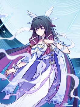 1girl absurdres alternate_costume black_hair breasts cleavage closed_mouth colored_inner_hair columbina_(genshin_impact) commentary_request crescent dress full_moon genshin_impact gradient_hair hagoromo hair_ornament head_wings highres long_hair looking_at_viewer low-tied_sidelocks moon multicolored_hair purple_eyes purple_hair shawl sidelocks smile solo white_dress wing_hair_ornament wings zeal70233131