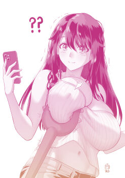 1girl ? breasts chikan ge_xi grabbing_another's_breast groping height_difference highres large_breasts long_hair molestation navel no_bra original phone plaid_clothes poking qin_xiang_(ge_xi) simple_background solo solo_focus