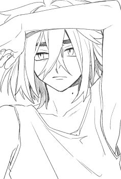 Rule 34 | 1boy, arm above head, arm over head, arm up, armpits, closed mouth, collarbone, crossed bangs, hair between eyes, highres, kieran (pokemon), looking to the side, lying, mole, mole on neck, monochrome, naruse makoto, nintendo, on back, pokemon, pokemon sv, sketch, solo, tank top