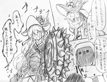 1girl 2others arknights breasts circular_saw constricted_pupils crazy_smile doctor_(arknights) eyebrows_hidden_by_hair graphite_(medium) hand_on_another's_head hat hatching_(texture) highres hood hood_up hooded_jacket jacket light_smile linear_hatching long_hair medium_breasts monochrome multiple_others oni_tengu reunion_soldier_(arknights) saw smile sound_effects specter_(arknights) specter_the_unchained_(arknights) speech_bubble sweatdrop traditional_media wavy_hair