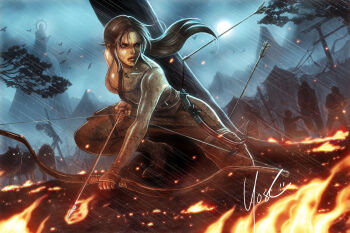 1girl 4boys animal arrow_(projectile) blood bow_(weapon) brown_eyes brown_hair fire gun hood lara_croft long_hair multiple_boys rain standing tank_top tomb_raider tomb_raider_(reboot) tree weapon wolf