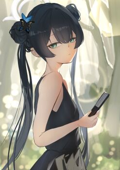 1girl absurdres air_bubble black_dress black_hair blue_archive blue_eyes blurry blurry_background blush breasts bubble closed_mouth commentary_request double_bun dress hair_bun halo highres kisaki_(blue_archive) kure_(kuremnn) long_hair looking_at_viewer partial_commentary sleeveless sleeveless_dress small_breasts solo twintails