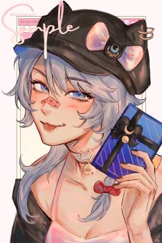 Rule 34 | 1girl, animal ears, bandaid, bandaid on face, bandaid on nose, black hat, blue eyes, box, breasts, cat ears, cat girl, cipher (honkai: star rail), cleavage, commentary, gift, gift box, grey hair, hat, highres, holding, holding box, honkai: star rail, honkai (series), large breasts, looking at viewer, nokkusuart, pink tank top, sample watermark, short hair with long locks, solo, tank top, tongue, tongue out, twitter username, upper body, watermark