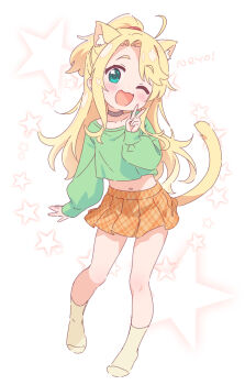 1girl ;d ahoge animal_ear_fluff animal_ears aqua_eyes blonde_hair cat_ears cat_girl cat_tail choker commentary crop_top extra_ears full_body green_shirt grey_choker highres himesaka_noa jigatei_(omijin) kemonomimi_mode long_hair long_sleeves looking_at_viewer midriff navel no_shoes one_eye_closed open_mouth orange_skirt parted_bangs pleated_skirt ponytail shirt skirt smile socks solo standing symbol-only_commentary tail v watashi_ni_tenshi_ga_maiorita! yellow_socks