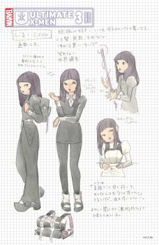 1girl absurdres black_dress black_eyes black_lips black_pants black_pantyhose black_shoes blunt_bangs bow character_name comic_cover company_name copyright_logo copyright_name cover cover_page cross drawing_(action) dress english_text full_body goth_fashion grid_background highres juliet_sleeves logo long_hair long_sleeves marvel mary_janes mixed-language_text nico_minoru no_eyebrows official_art pants pantyhose peach_momoko puffy_sleeves purple_hair reference_sheet shoes socks solo staff translation_request ultimate_x-men_(2024) white_background white_bow white_dress white_socks x-men