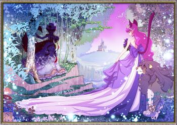 10s 2girls animal animal_ears artist_logo back_bow backless_dress backless_outfit bird border bouquet bow bracelet castle cat_ears cat_tail choker closed_eyes closed_mouth commentary cure_chocolat cure_macaron dappled_sunlight dog_ears dog_tail dress earrings epaulettes flower flying forest frilled_dress frills gem holding holding_bouquet holding_unworn_clothes holding_unworn_dress jewelry kamikita_futago kenjou_akira kirakira_precure_a_la_mode kotozume_yukari lion logo long_dress long_hair multiple_girls mushroom nature open_mouth outstretched_arm pearl_(gemstone) pearl_bracelet pegasus precure purple_hair rabbit red_hair ribbon riding shade shadow short_hair skirt_hold squirrel standing sunlight sunset tail train_(clothing) tree tree_shade vest wavy_hair wedding_dress wife_and_wife yuri