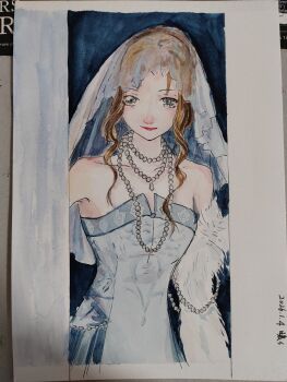 Rule 34 | 1girl, absurdres, bare shoulders, blue background, blue dress, blue veil, breasts, brown hair, chinese commentary, closed mouth, commentary request, cowboy shot, dated, dress, eyelashes, fur shawl, grey eyes, happy, highres, infinity nikki, jewelry, lipstick, long hair, looking at viewer, makeup, medium breasts, muyoufan, necklace, nikki (series), nostrils, painting (medium), pearl necklace, photo (medium), red lips, see-through clothes, see-through veil, shawl, sidelocks, smile, solo, strapless, strapless dress, stylist (nikki), traditional media, veil, watercolor (medium), wavy hair, white shawl