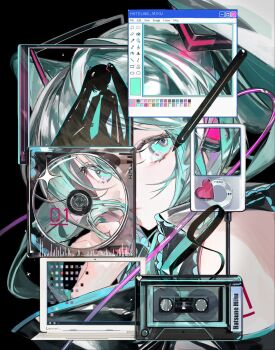 1girl cd cd_case commentary_request computer green_eyes green_hair hatsune_miku highres laptop long_hair looking_at_viewer magnetic_tape mp3_player necktie solo tearing_up twintails ugi_144 vocaloid