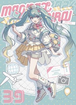 1girl 2024 :d argyle_background arm_at_side beret blonde_hair blue_background blue_eyes blue_hair blush bow bowtie buttons character_name double-breasted flag floating_hair gradient_hair hand_up hat hatsune_miku highres holding holding_flag kneehighs legs_apart long_hair long_sleeves looking_at_viewer magical_mirai_miku magical_mirai_miku_(2024) mini_flag miniskirt moo_n_moko multicolored_hair open_mouth pink_bow pink_bowtie pleated_skirt shirt shoes shorts skirt sleeve_cuffs smile sneakers socks solo thighs twintails two-tone_background very_long_hair vocaloid white_background white_hat white_shirt white_shoes white_shorts white_socks yellow_skirt