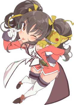 1girl ;p anise_tatlin blush brown_eyes brown_hair detached_sleeves female_focus full_body gloves hair_ribbon hand_on_own_hip long_hair looking_at_viewer one_eye_closed p_answer pigeon-toed ribbon shoes simple_background solo stuffed_toy tales_of_(series) tales_of_the_abyss thighhighs tokunaga_(tales) tongue tongue_out twintails white_background white_gloves white_thighhighs yellow_ribbon zettai_ryouiki