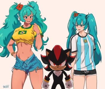 1boy 2girls angry aqua_hair argentinian_flag argentinian_flag_print argentinian_miku artist_name black_fur blue_eyes blue_hair blush brazilian_miku breasts cream_background crossover dashi_(dashiart) evil_smile flag_print gloves hand_on_own_hip hatsune_miku highres long_hair looking_down medium_breasts multiple_girls navel red_eyes red_fur sega shadow_the_hedgehog shorts size_difference smile sonic_(series) torn_clothes twintails vocaloid white_fur