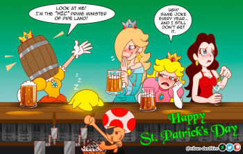 4girls alcohol annoyed barrel beer beer_mug blonde_hair blue_dress blue_eyes blush breasts brown_hair cleavage crown cup donkey_kong_(1981_game) donkey_kong_(series) dress drinking_glass drunk earrings eyepatch friends gloves holiday jewelry laughing long_hair luma_(mario) mario_(series) mug multiple_girls niban-destikim nintendo object_on_head orange_dress pauline_(mario) pink_dress princess_daisy princess_peach red_skirt rosalina saint_patrick&#039;s_day scar scar_on_face skirt speech_bubble stuck super_mario_bros._1 super_mario_galaxy super_mario_land toad_(mario) wine_glass